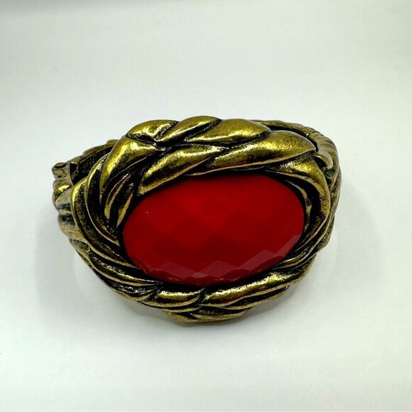 Set of 2 Hinged Faceted Bangle Bracelets Red Black Costume Jewelry Heavy - Picture 2 of 11